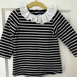 NWOT EUC Jacadi ruffle collar navy stripe fleece lined dress